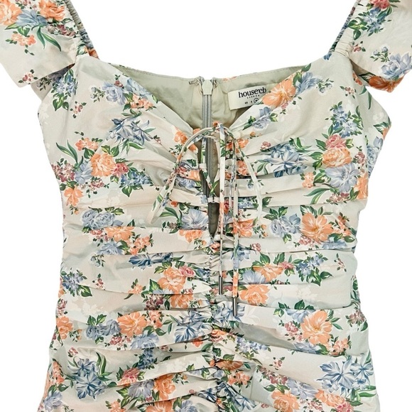House of CB Kara Floral Ruched Cotton Ruffle Dress Size M - Picture 9 of 16